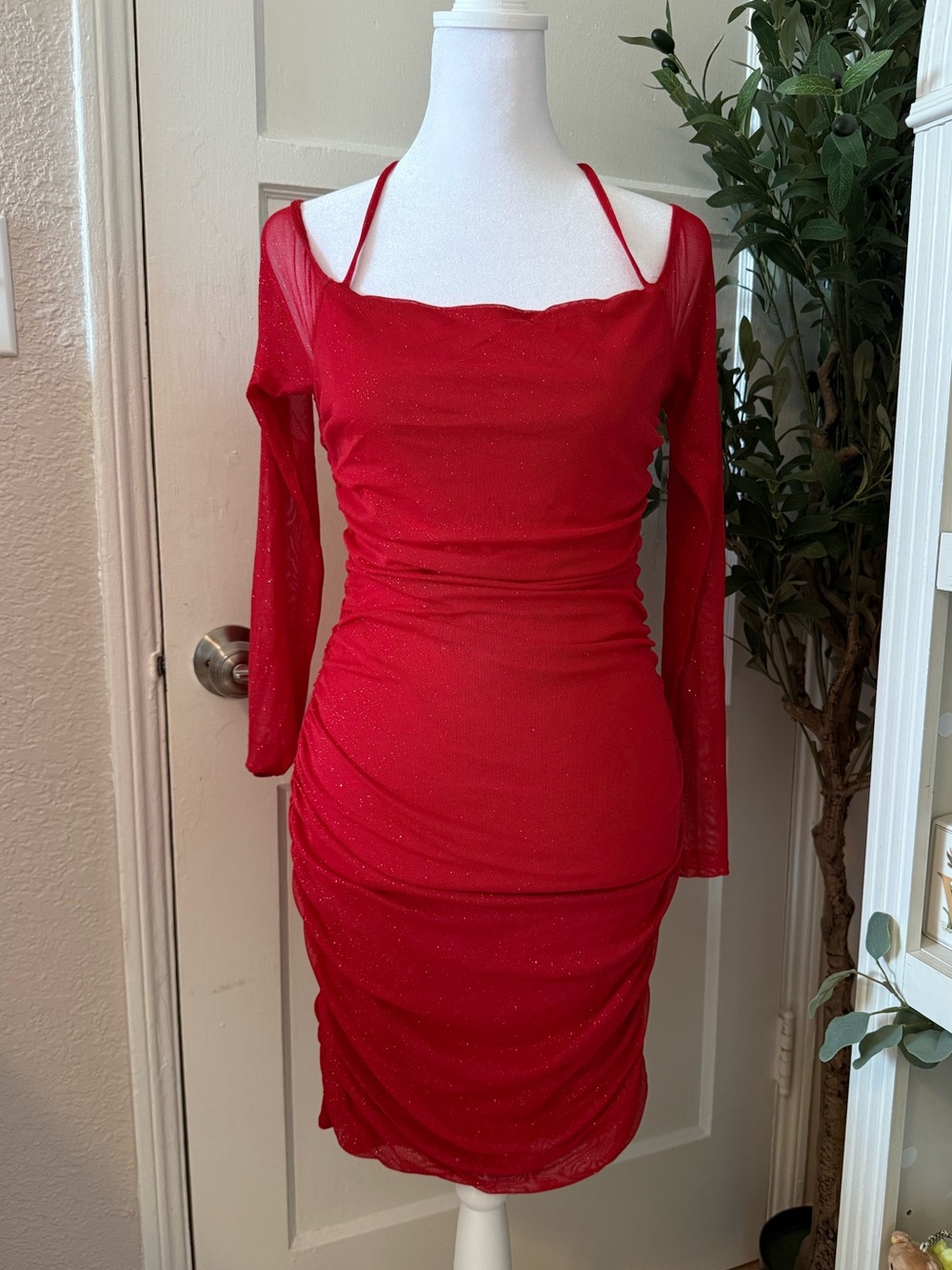 Red Sparkly Long-Sleeve Ruched Halter-Tie Dress